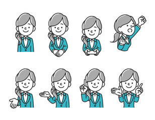 スーツ姿のロングヘアの女性上半身イラスト、ビジネス向けのシンプルなイラスト素材