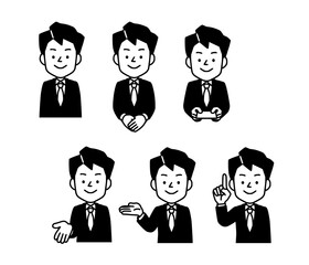 スーツ姿の男性上半身イラスト、ビジネス向けのシンプルな白黒イラスト素材