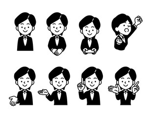 スーツ姿のショートヘアの女性上半身イラスト、ビジネス向けのシンプルな白黒イラスト素材