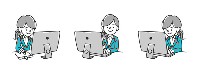 デスクトップパソコンの前に座る女性デザイナーの上半身イラスト