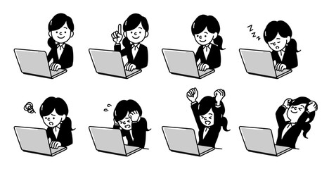 ノートパソコンの前に座る女性の上半身イラスト、ビジネス向けのシンプルな白黒イラスト素材