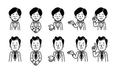 白衣を着た女性医師と男性医師の上半身イラスト、シンプルな白黒イラスト素材