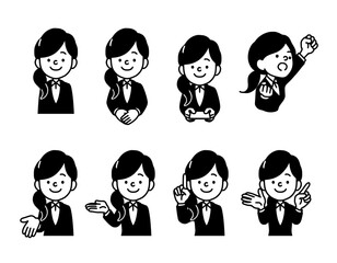 スーツ姿のロングヘアの女性上半身イラスト、ビジネス向けのシンプルな白黒イラスト素材