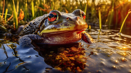 frog in the water created with Generative AI technology - obrazy, fototapety, plakaty