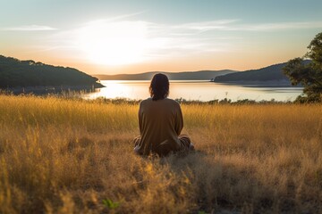 Individual meditating against a serene backdrop, embodying tranquility and peace. - obrazy, fototapety, plakaty