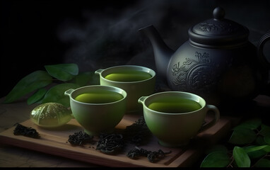 Obraz na płótnie Canvas tea sets, green tea bowl, teapot and tea cups on a dark background - generative ai