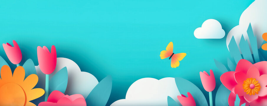 Paper cut , Web banner sale with spring flowers in summer , Nature concept for promotions , advertising , web sites , Created with generative AI