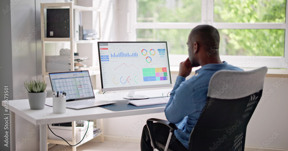 Aufkleber African Businessman Using Analytics Data KPI Dashboard