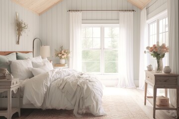 Serene and Rustic: A Farmhouse Bedroom Interior in Soft Hues, Generative AI.