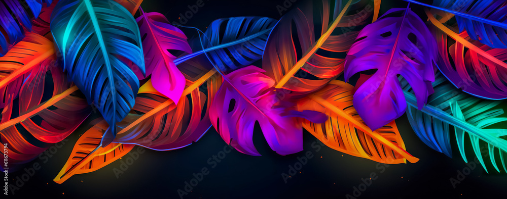 Wall mural natural abstraction background banner leaves neon colors. generative ai