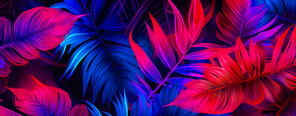 natural abstraction background banner leaves neon colors. Generative AI