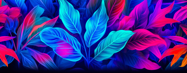 Fototapeta na wymiar natural abstraction background banner leaves neon colors. Generative AI