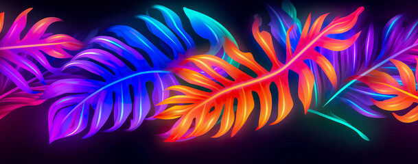 natural abstraction background banner leaves neon colors. Generative AI