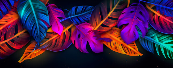 natural abstraction background banner leaves neon colors. Generative AI