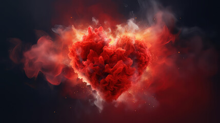 Red smoke in heart shape on dark background. Freeze motion of color vaper exploding. 3d Illustration-Generative AI