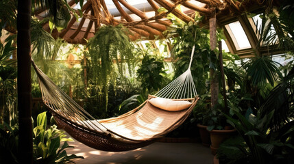 Botanical Haven: A Tropical Indoor Hammock Made of Natural Fibers, Creating a Serene Paradise in Conservatories
