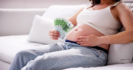 Pregnant Woman With Money. Healthy Family