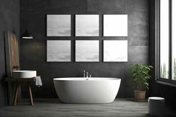 Fototapeta na wymiar Mockup of Health and Hygiene-themed Bathroom with White Bathtub and Dark Gray Tiles, Adorned with Three Posters, Generative AI.