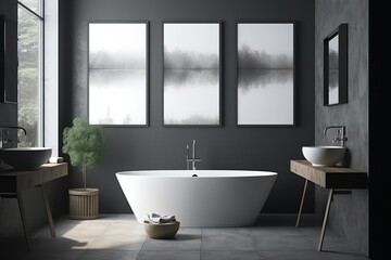 Naklejka na ściany i meble Mockup of Health and Hygiene-themed Bathroom with White Bathtub and Dark Gray Tiles, Adorned with Three Posters, Generative AI.