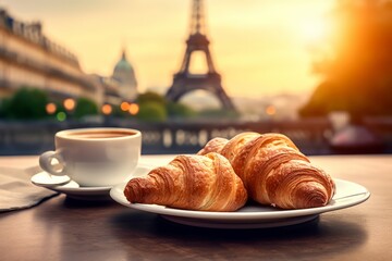 Indulge in the Delightful Flavors of French Croissants with a Romantic View of the Eiffel Tower in Paris, Generative AI.