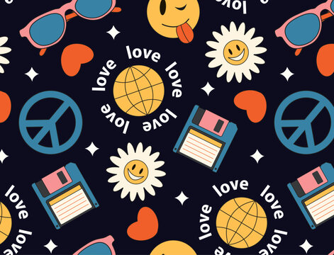 Groovy hippie 70s seamless pattern. Funny cartoon flower,  peace, Love, heart, daisy,glasses, smiley, disk. Sticker pack in trendy retro psychedelic cartoon style. Isolated vector illustration. Dark b