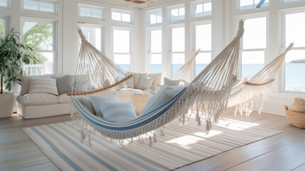 Nautical Oasis: Indoor Hammock with Weather-Resistant Fabric, Evoking a Seaside Ambiance in a Beach House
