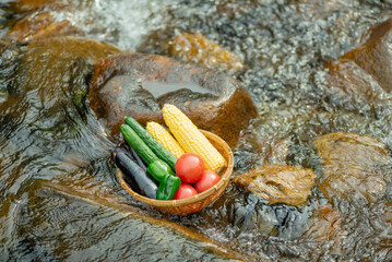 清流とザルに入れた夏野菜