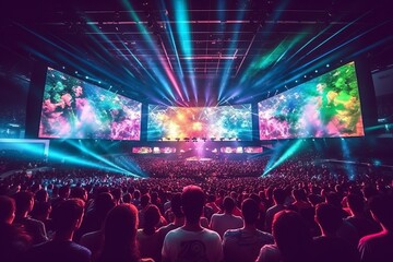 Fototapeta na wymiar Vibrant Esports Arena: A Thrilling Gaming, Enlivened by Fans and Dazzling Lights. Players Battle on a Grand Stage the Game Displayed Screen., Generative AI.