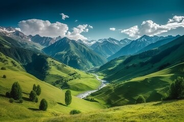 Fototapeta na wymiar Stunning Summer Views of Georgia's Majestic Mountains: A Breathtaking Alpine Meadow in Svaneti Valley with Lush Green Grasslands, Generative AI.