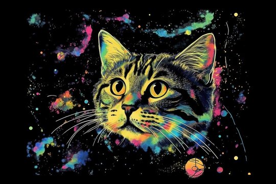 art cat in space . dreamlike background with cat . Hand Drawn Style illustration . Beautiful cat in outer space