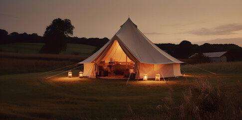 a tent lit up at dusk in a field, in the style of luxurious interiors - generative ai
