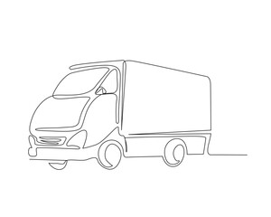 Continuous one line drawing of city cargo truck. Delivery truck line art vector illustration. Editable outline or stroke.