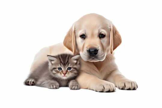 Adorable Golden Retriever Puppy and Cute Kitten Cuddling Together on a Transparent Background - PNG Image. Two Pups Enhanced with Post-Processing Techniques., Generative AI.