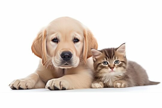 Adorable Golden Retriever Puppy and Cute Kitten Cuddling Together on a Transparent Background - PNG Image. Two Pups Enhanced with Post-Processing Techniques., Generative AI.