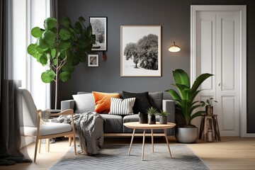 Stylish and Scandinavian Living Room in Apartment:  Sofa, Plaid Pillows, Lush Plants, Wooden Toilet, a Black Table, a Chic Lamp Abstract Artworks, Generative AI.