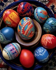 Fototapeta na wymiar Evoke the joy of Easter celebrations with a vibrant scene of colorful eggs and cheerful decorations, symbolizing new beginnings and festivities generated AI