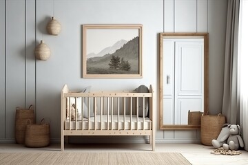 Natural Wood Furnishings in a Boy's Nursery: A Mock-Up Frame, Generative AI.