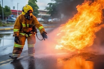 Firefighter Utilizing Water and Extinguisher. Generative AI