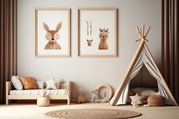 Natural Wood Furnishings Mock-Up Frame in a Playful Kids' Room, Generative AI.