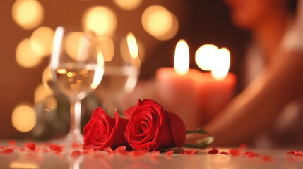 Blurred image of a couple at a candlelit dinner, holding hands with red roses on the table.