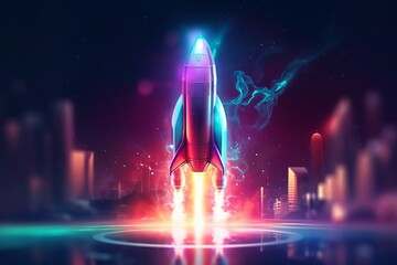 Neon-Lit Rocket Launch: A Visual Representation of Startup Innovation, Generative AI.