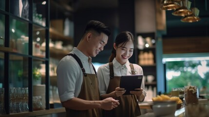 Generative AI Small startup business owner concept. two successful young baristas women standing in bar counter in cafe