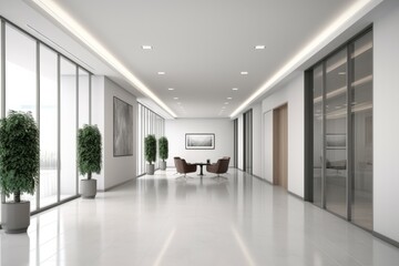 Mockup of Office Lobby with Dual Conference Rooms Flanking Central White Wall, Generative AI.
