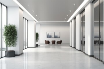 Naklejka na ściany i meble Mockup of Office Lobby with Dual Conference Rooms Flanking Central White Wall, Generative AI.
