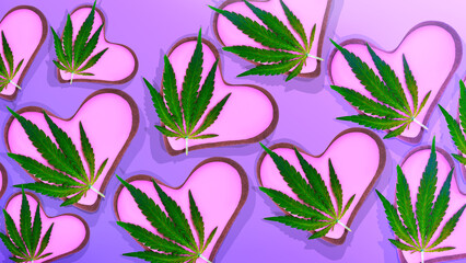 Composition with cannabis leaves and decorated cookies and heart shaped space for text, top view. Valentine's Day. Gingerbread hearts on a Very Peri background.