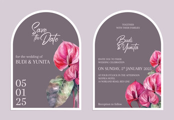 Vector modern invitation card template set with clean minimalist boho style watercolor leaves and flower