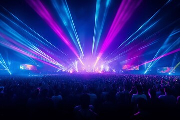 A Vibrant Panorama of Live Music Concert with Electrifying Light Show. the Thrill of EDM, Techno, or Rock Music Festival Performance., Generative AI. - obrazy, fototapety, plakaty