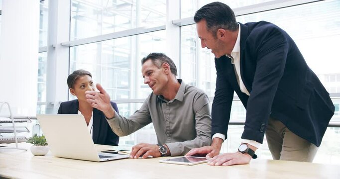 Business people, executive team and discussion at laptop for planning research, information and collaboration. Corporate group, meeting and brainstorming at computer, online proposal and web insight