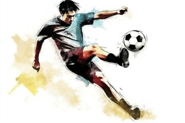 Fototapeta na wymiar Dynamic Soccer Action Man Kicking and Playing with Ball. Generative AI