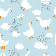 Cute goose on a blue sky background with clouds and stars, kids fabric and textile vector print design, seamless pattern © CandyLama